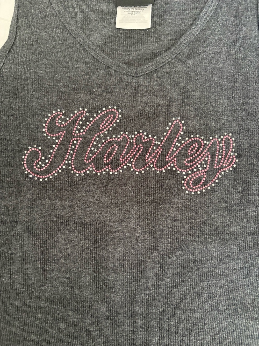 Harley-Davidson Dark Gray Tank with Pink Rhinestone Script - Picture 3 of 5